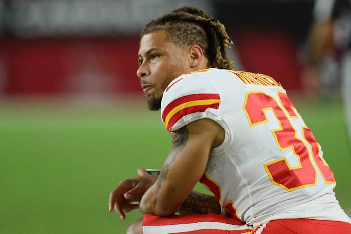 Aug 20, 2021; Glendale, Arizona, USA; Kansas City Chiefs free safety Tyrann Mathieu (32) looks on against the Arizona Cardinals during the second half at State Farm Stadium. Mandatory Credit: Joe Camporeale-USA TODAY Sports